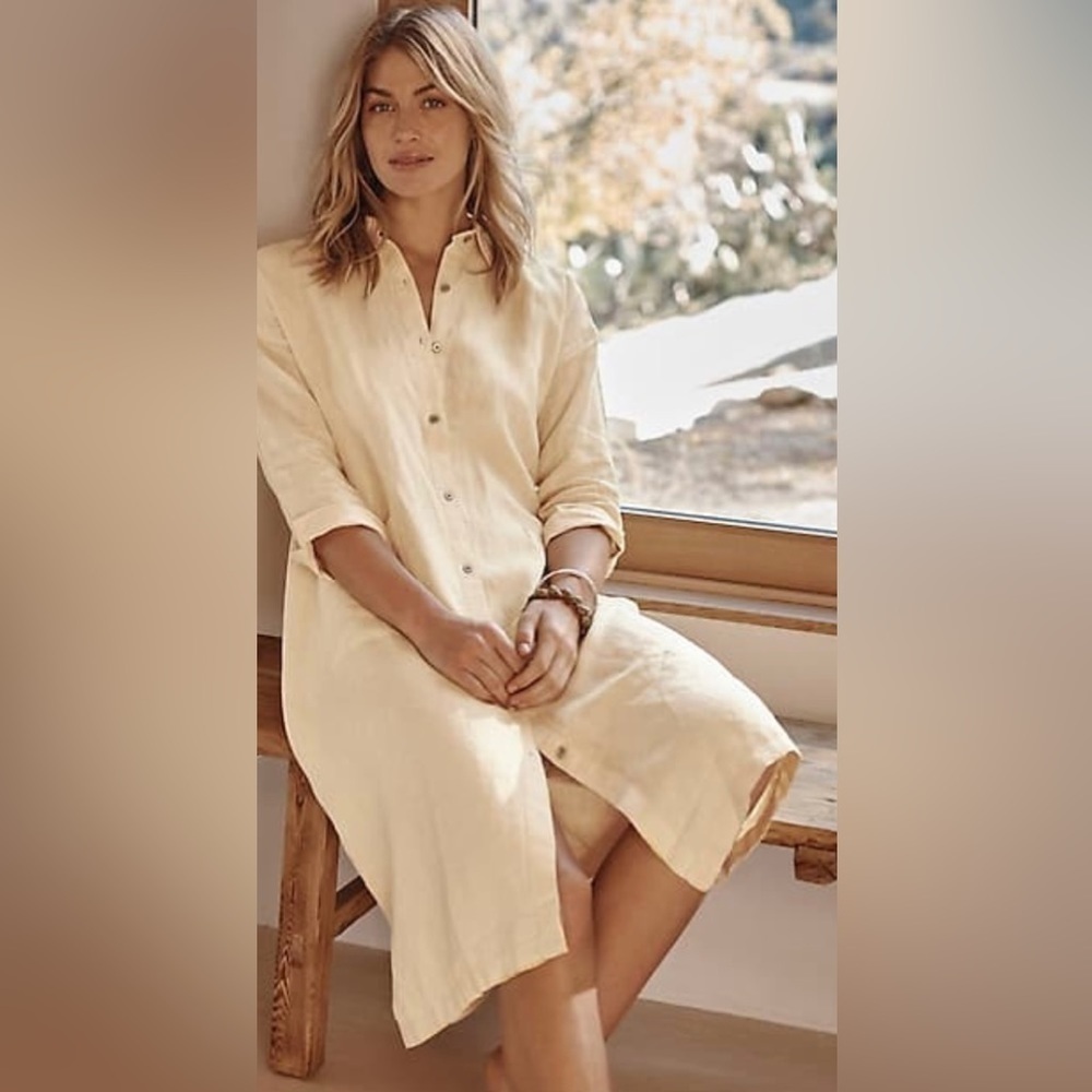Pure Jill Linen Patch Pocket Shirtdress Midi Dress Custard Yellow Size XS Petite